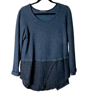 Cut Loose Linen Blend Mixed Media Blue Plaid Sweatshirt Small 0227584 Lagenlook‎